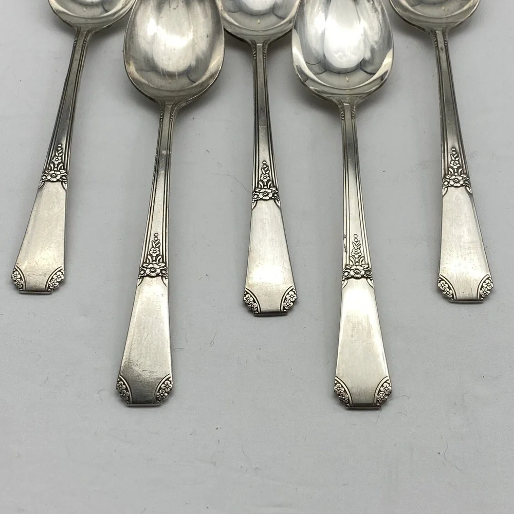 Vintage Oneida Rio Oval Soup Spoons WM A‎ Rogers 1939 Silverplate 5 Set Art Deco